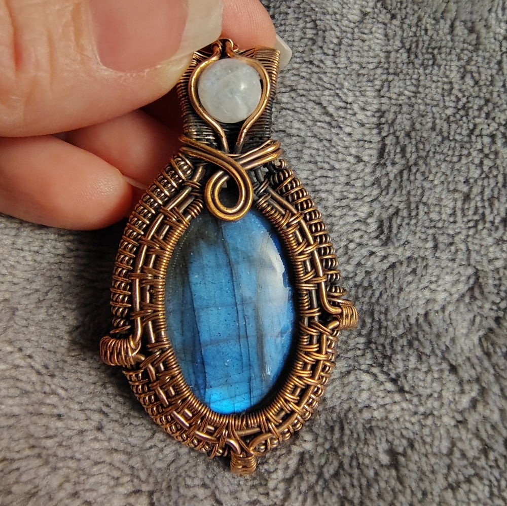 Blue Flash Labradorite and Moonstone Wire Wrapped Pendant